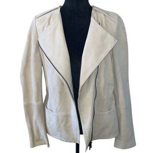 Hugo Boss Womens Cream‎ Leather Suede Classy Biker Zip Front Moto Jacket Size 10